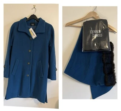 Dennis Basso женщин пальто зимние бирюзовый синий шерсти кашемир искусственного меха капюшон шарф XS - Изображение 1 из 4
