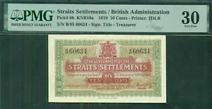 ASENTAMIENTOS DEL ESTRECHO, británicos, 10 centavos, 1919, selección #8b - KNB16a, PMG grado 30 en muy buen estado - Imagen 1 de 2