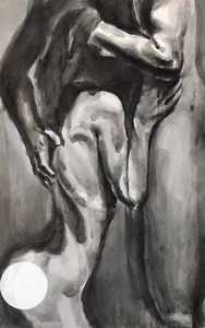 Original Watercolor Painting Couple monochrome Black and white 14x22 inches - Picture 1 of 8