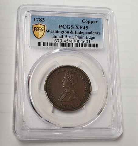 1783 Washington Independence Small Bust Plain Edge PCGS CERTIFIED Xf45 Rare Coin Cover
