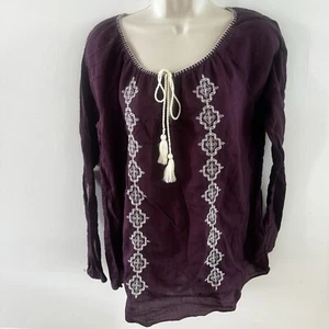 Lucky Brand Womens Embroidered Peasant Top Size XXL purple Boho Hippie Tie (L1) - Picture 1 of 7