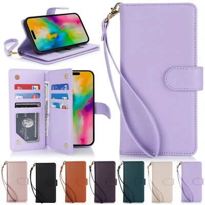 For iPhone 16e 16 Pro Max 15 14 13 12 Magnetic Card Wallet Flip Stand Case+Strap - Image 1 of 4