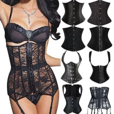 Women's Sexy Black Satin Waist Cincher Lace up Boned Bustier Underbust Corset UK - Image 1 of 4