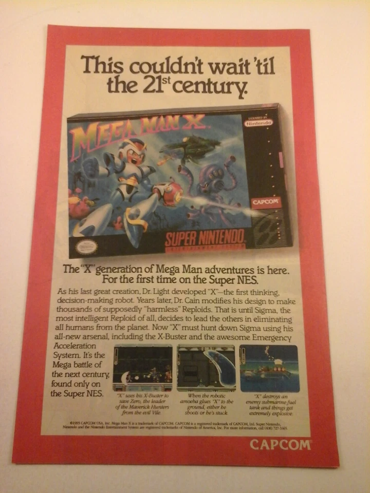 1993 Vtg Video Game Print Ad - MEGA MAN X - SUPER NINTENDO SNES - CAPCOM - Image 1 of 1