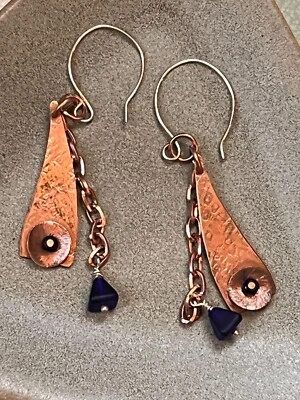 Handmade Long Solid Copper Chain w Cobalt Blue Glass Bead & Hammered Triangle Da - Image 1 of 4