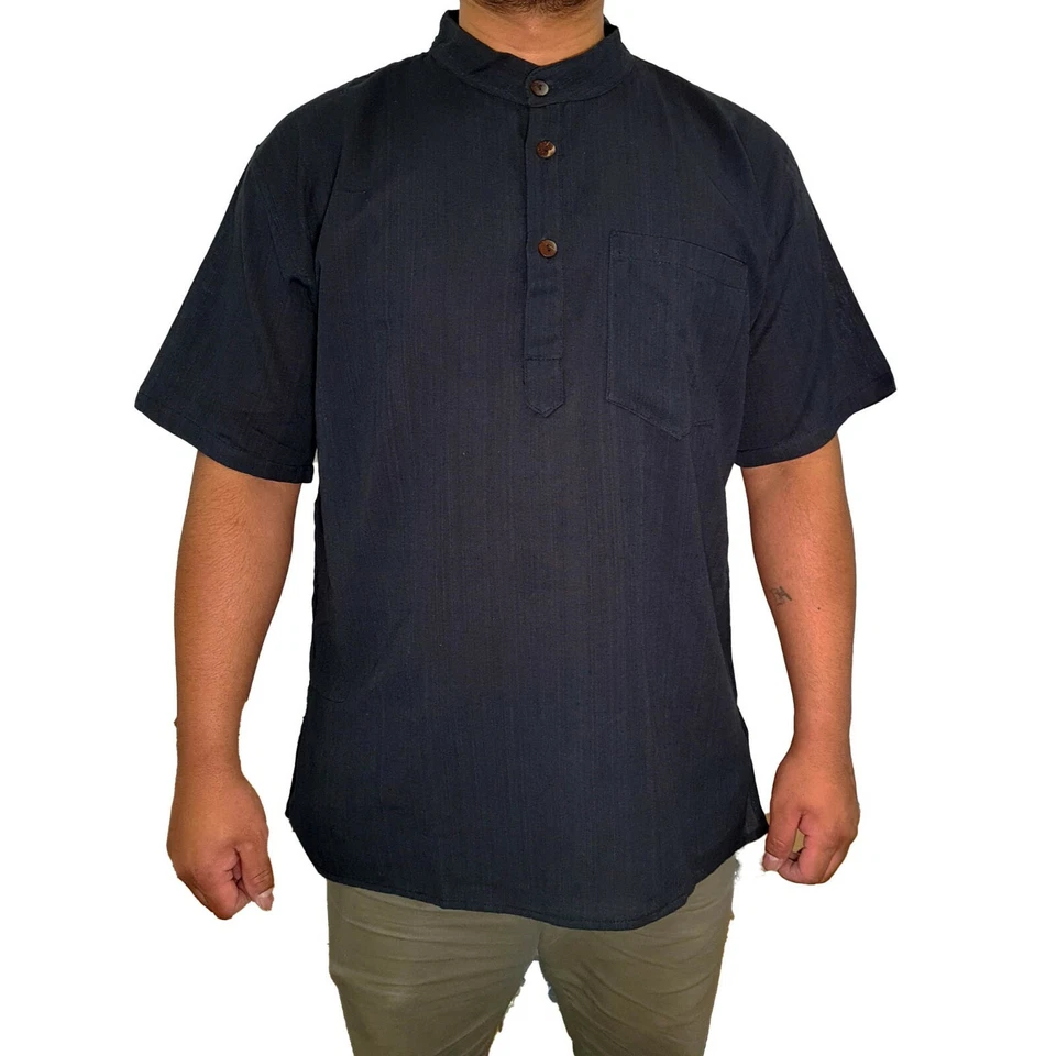 Mens Black Kurta Pajama T Shirt Plain Half Sleeve Indian Hippie Ethnic Tradition - Image 1 of 1