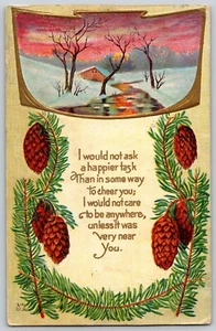 Postcard Christmas Poem Winter River Sunset Branches Pinecones Art Nouveau Font - Picture 1 of 2