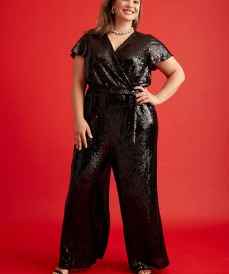 Lane Bryant Women's Black Belted Short Sleeve Wide Leg Sequin Jumpsuit Sz 14/16L - Image 1 of 4