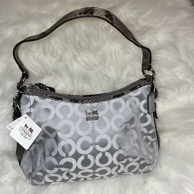 Coach Signature Small “c”  Hobo Canvas Shoulder Bag Grey W Snake Skin NWT - Image 1 of 4