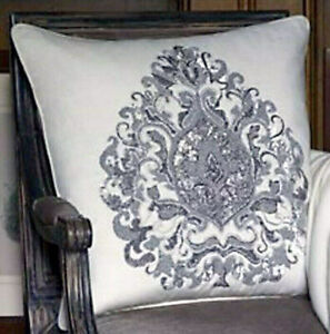 Sferra Torella Decorative Pillow Linen Embroidered Beaded Ivory/Silver 20x20 New