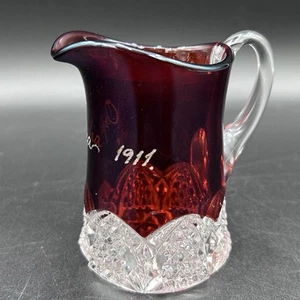 1911 Ruby Stained EAPG Souvenir Creamer “Orpha” Pattern Glass Pitcher ATQ - Picture 1 of 8