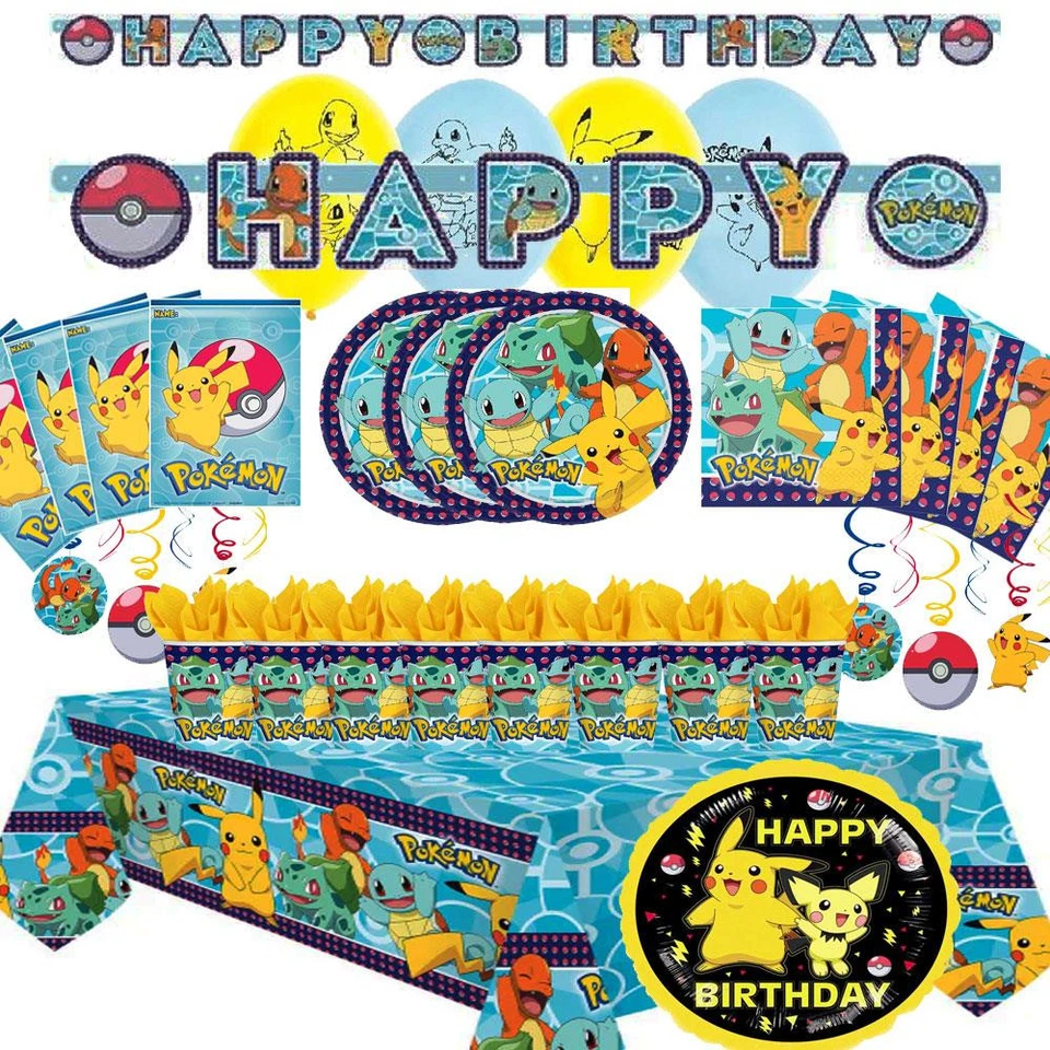 Suministros para fiestas de cumpleaños Pokemon, platos, tazas, decoraciones, globos, pancartas Foto 1 de 1