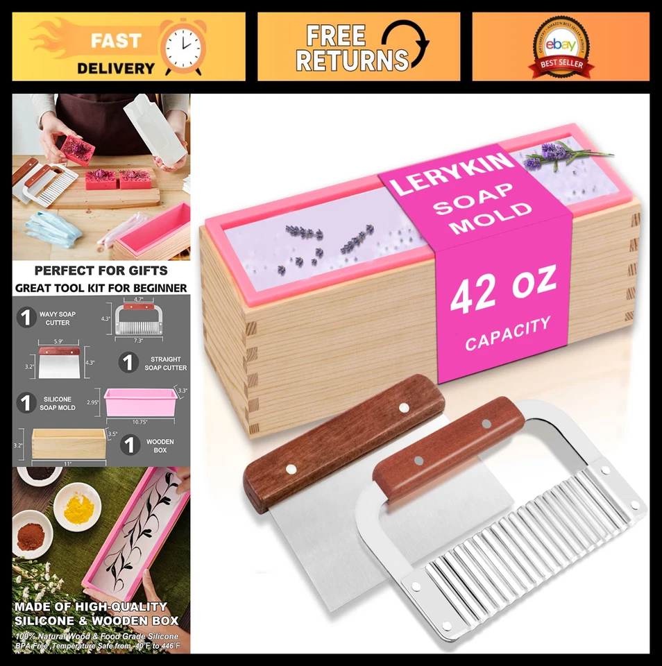 Гибкий силиконовый мыло пресс-формы набор - 42 унций прямоугольный буханка с резак и деревянная коробка, - Изображение 1 из 4