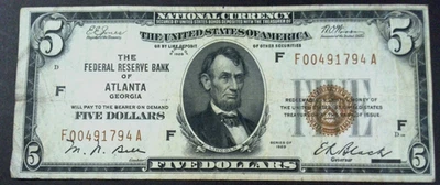 1929 $5 The Federal Reserve  Bank Of Atlanta Georgia F00491794A Fr-1850-F - Image 1 of 4