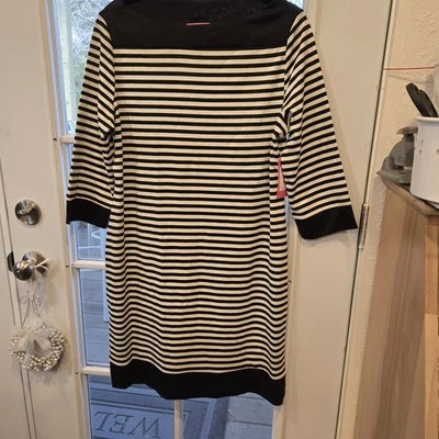 Isaac Mizrahi Dress XL Black Beige Stripes Knit Pencil Sheath Boat Neck NWT - Image 1 of 4