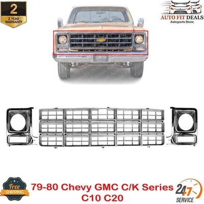 Rejilla plateada y bisel de faro cromado para 79-80 Chevy GMC serie C/K C10 C20 Foto 1 de 4