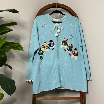 The Quacker Factory 1X Sky Blue Beaded Winter Snowmen Zip Cardigan Sweater NEW - Image 1 of 4