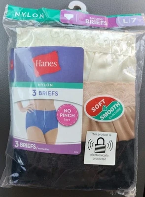 NUEVO Paquete de 3 calzoncillos Hanes de nailon sin etiquetas forro de algodón con ribete de encaje para mujer talla 7 L Foto 1 de 3