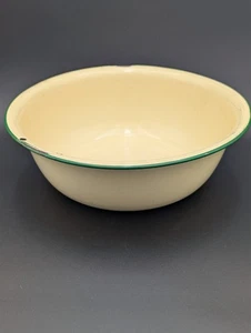 Vintage Yellow Enamel Wash Basin Bowl w/ Green Trim 14" Country Rustic - Picture 1 of 5