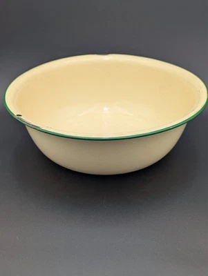Vintage Yellow Enamel Wash Basin Bowl w/ Green Trim 14" Country Rustic - Image 1 of 4