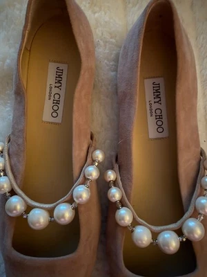 JIMMY CHOO SIZE 8.5 (39) Tan Suede Woman Ade Faux Peals Embellished Ballet Flats - Image 1 of 4