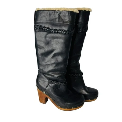 Botas hasta la rodilla forradas de sabana de cuero negro UGG tacón bloque de madera talla 7-8 LEER Foto 1 de 4