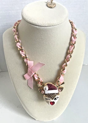 Collar colgante cinta grosgrain rosa estrás reno Betsey Johnson nuevo con etiquetas Foto 1 de 4