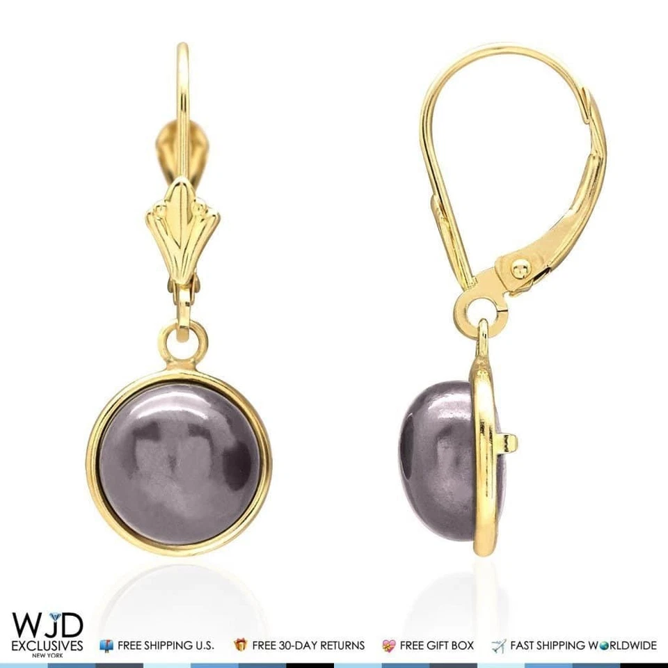 Conjunto de aretes colgantes de perlas negras con bisel de oro amarillo de 14 quilates de 10 mm Foto 1 de 4