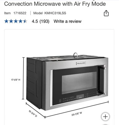 Kitchenaid Microondas de Convección Over The Range con Freidora de Aire Modelo No KMHC319LSS Foto 1 de 4