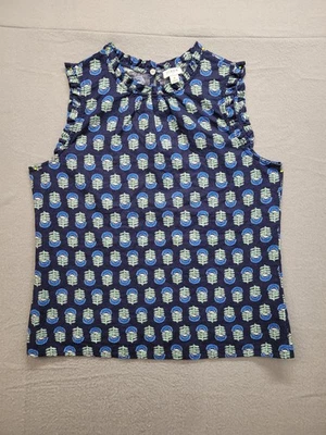Blusa Top Mujer J Crew S Azul Verde Estampado Mezcla de Lino Sin Mangas Volantes Cuello Foto 1 de 4
