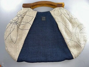 Lisa Lill Studio Reversible Wood Handle Navy Blue Tan Bag With Stitching - Picture 1 of 5