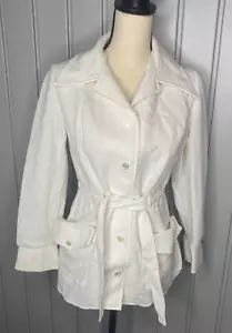 Vintage 70er Jahre Doppelstrick Polyester Jacke Damen Gr. Large weiß Knopfleiste zum Binden - Bild 1 von 9