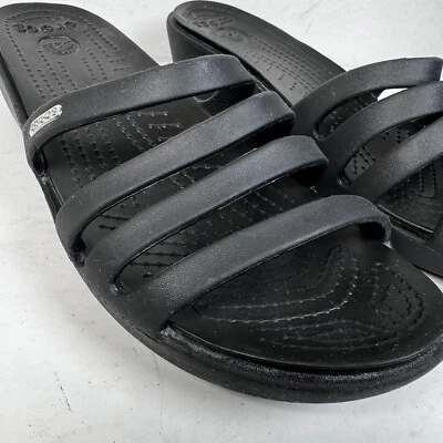 Crocs Rhonda Black Rubber Vegan Wedge Strappy Comfort Sandals Size 10  EUC - Image 1 of 4