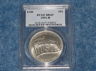 1991-D USO Commemorative Silver Dollar Gem BU PCGS MS69   B0811 - Image 1 of 2