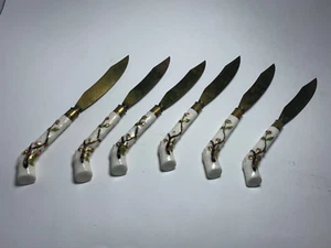 Antique Ernst Wahliis Wien Brass Blade Porcelain Hand Painted Knife Set of 6 - Picture 1 of 13