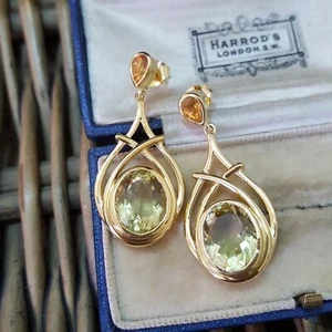 925 Sterling Silver Earrings, Natural Green Peridot And Citrine Dangle, Gold - Picture 1 of 7