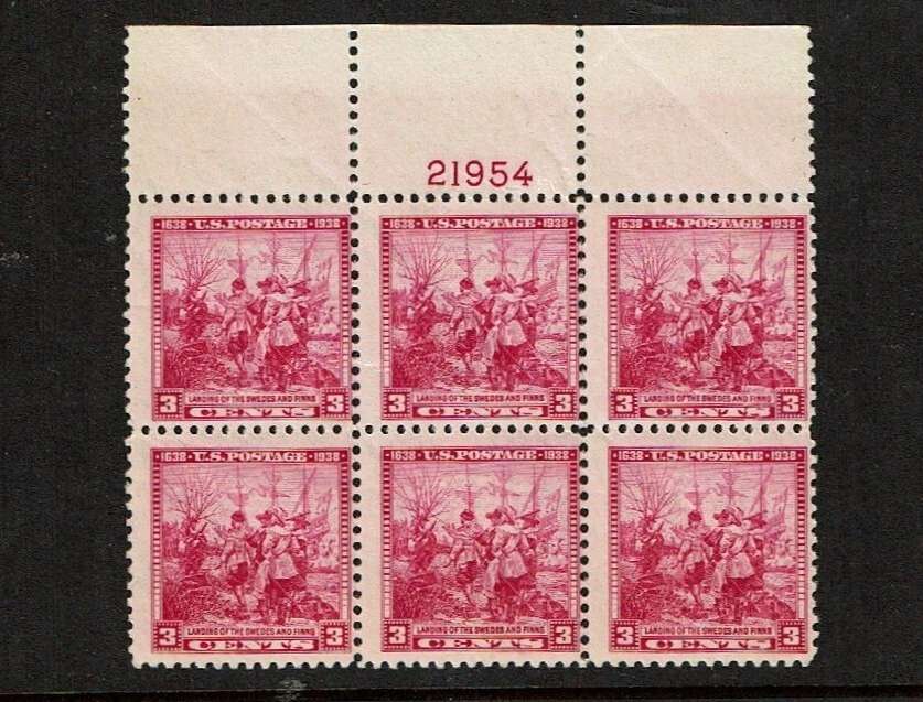 1938 U.S. COMMEMS 3c SWEDES-FINNS Plt#BLK of 6 Sc#836 M/NH/OG Pristine - Image 1 of 1