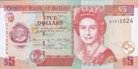 2020 5 Dollars Circulated Banknote. Belize 5 Dollars Queen Elizabeth II Currency Cover