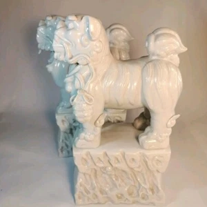 White Ceramic Foo Dog Figure, 12.5", Feng Shui, Pedestal Base Lot (2) - Picture 1 of 13