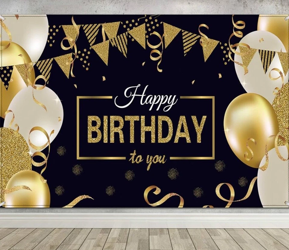 Póster de letrero de feliz cumpleaños con telón de fondo extra grande negro y dorado para hombres Wo Foto 1 de 1