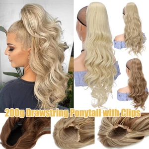 200g Real As Human Thick Drawstring Ponytail Clip In Hair Extension Pony Tail US - Picture 1 of 48