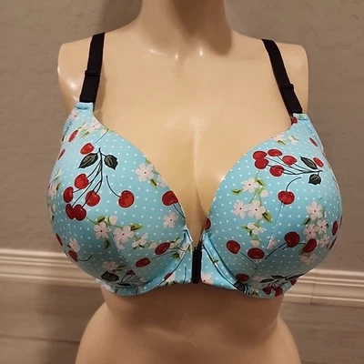 Torrid Bra 42C Blue Red Cherries Front Closure Lightly Lined Underwire - Image 1 of 4