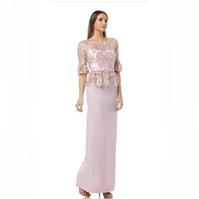 JS Collections 3D LEAF EMBROIDERY ILLUSION NECK Gown Maxi Dress Size 2 Pink Lace - Image 1 of 4