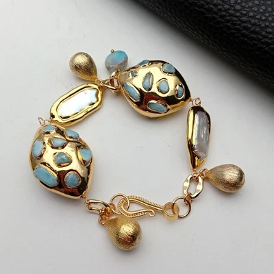 Freshwater Cultured White Biwa Pearl Blue Larimar Beaded Charm Bracelet - Image 1 of 4