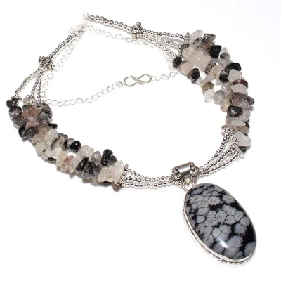 Exclusive Snowflake Obsidian Natural Black Rutile Beaded Necklace 20" GW - Image 1 of 3
