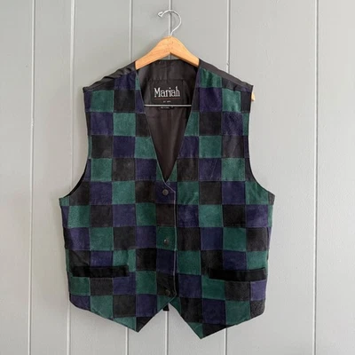 Vintage Suede Patchwork Vest Green Navy Black Checkerboard 1X Mariah by MPW - Image 1 of 4