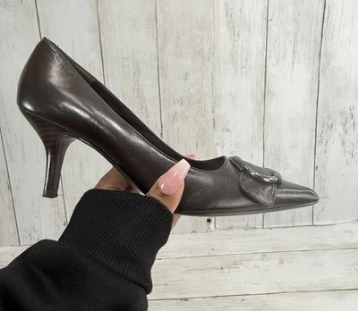 Zapatos de salón de cuero marrón para mujer con tacón de gatito talla 7M Nine West, punta puntiaguda oficina Foto 1 de 4