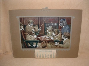 1915 Original 14" x 19" Coolidge "Four Aces" Poker Dogs Salzburg Cigar Calendar - Picture 1 of 22