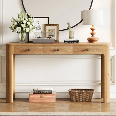 Rustic Console Table Curved Corners 3 Concealed Drawers Thick Legs Entryway - Image 1 of 4