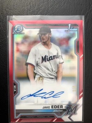 2021 Bowman Chrome Jake Eder Red Refractor /5 Bowman 1st Auto RC Miami Marlins - Image 1 of 2